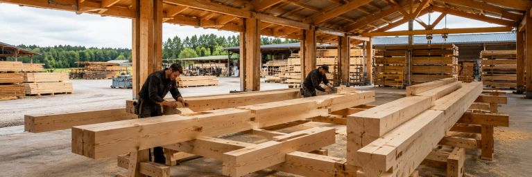 Zwei Männer bearbeiten in einer Holzwerkstatt große helle Holzbalken unter einem Dach.