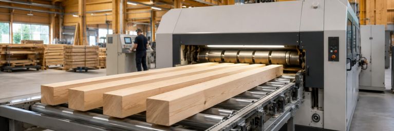 Vier lange Holzbohlen werden in einer großen Maschine in einer Werkhalle bearbeitet.
