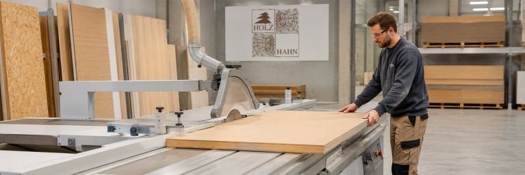 Mann schneidet Holzplatte an großer Säge in einem Werkraum.