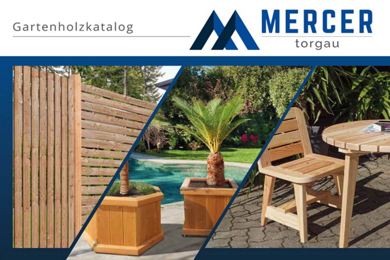 Bild der Titelseite des aktuellen "MERCER Gartenholzkatalogs"